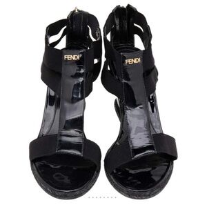 Fendi Black Patent Leather Wedge Sandals